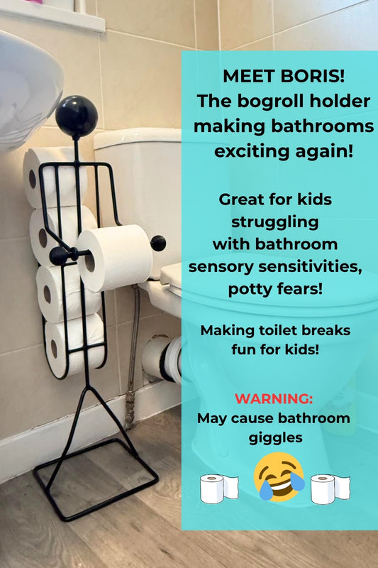 Gentle Bathroom Helper For Kids With Toilet Anxiety | Meet Boris! The freestanding bogroll toilet roll holder.